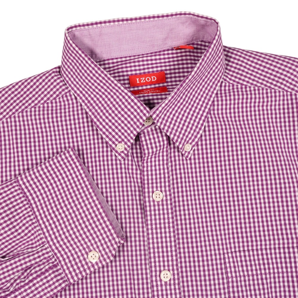 IZOD Purple Gingham Check Button Down Long‎ Sleeve Slim Fit Shirt Mens Large